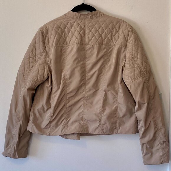 Ellen Tracy Sz Large Cropped Moto Jacket Diagonal Zip Front Quilted Khaki Gold - Picture 5 of 10